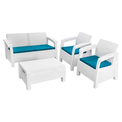 Sala Exterior para Jardin Tipo Rattan 4 Puestos Blanco + Cojines