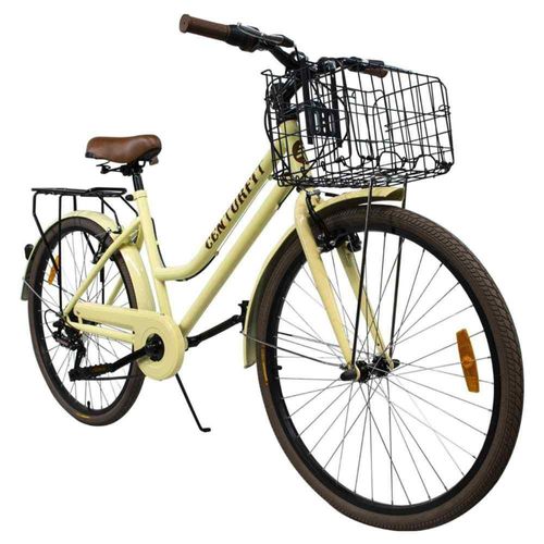 Bicicleta Vintage 6 Velocidades Freno de Mano Rodada 26 Canastilla Bici Urbana Retro Amarilla