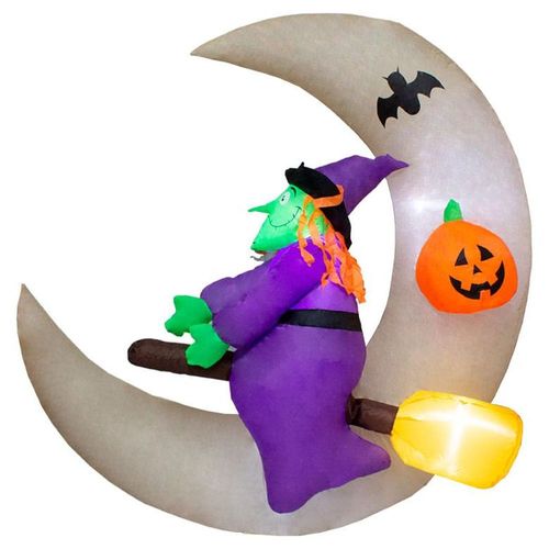 Inflable De Bruja Escoba Con Luna Plástico Resistente Iluminación Led