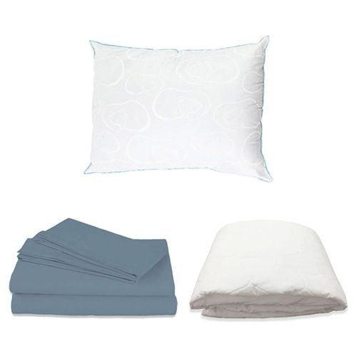Juego de Sábanas Individual Azul Acero + Protector + Almohadas Oso CZD