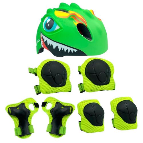 Kit Junior Infantil Casco Coderas Rodillera Dinosaurio Verde