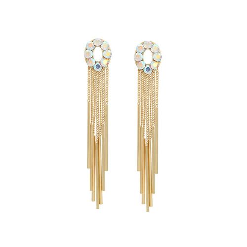 Aretes Largos Cadenas Cascada Cristales Oro 14K Laminado Dorado
