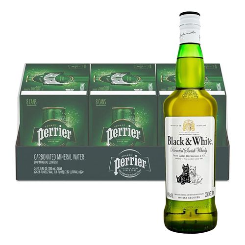 Pack 24 Agua Perrier Mineralizada Lata 330 ml + Whisky Black and White Blend 700 ml