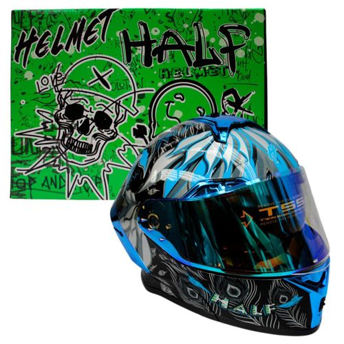 Casco Para Moto Abatible Alebrije Half Gris Doble Visor Revo Lente Humo Azul Transparente Talla L