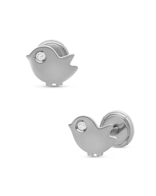Broqueles De Pajarito Oro Blanco 14K Con Diamante PRB-121-A