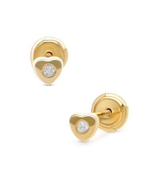 Broqueles CorazÃ³n En Oro Amarillo 14K Con Diamante PRB-150-A
