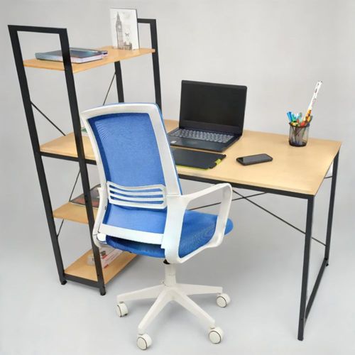 Set Home Office Escritorio Madera Clara + Silla Ajustable Azul Houzer
