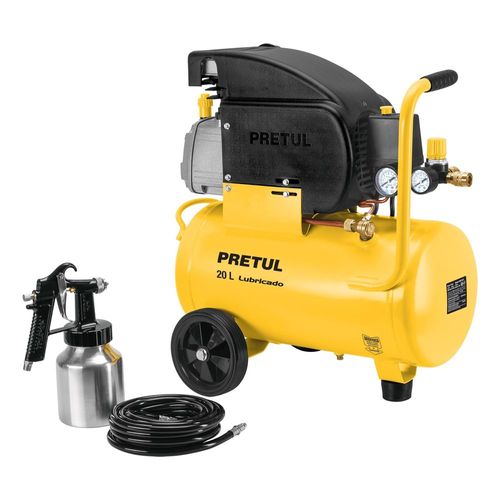 Kit Compresor de aire PRETUL 20L manguera pistola COMPKIT20P amarillo