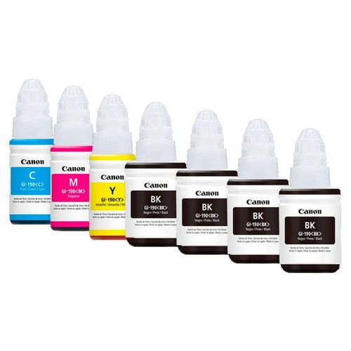 KIT TINTAS CANON GI-190 4 NEGRAS, 1 CYAN, 1 MAGENTA, 1 AMARILLA PARA G1100,G2100, G3100