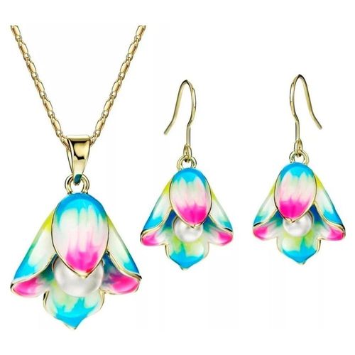 Collar Y Aretes Flor Perla Cultivada Oro 18k Laminado