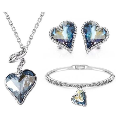 Collar, Aretes Y Pulsera Corazón Cristal Oro Laminado