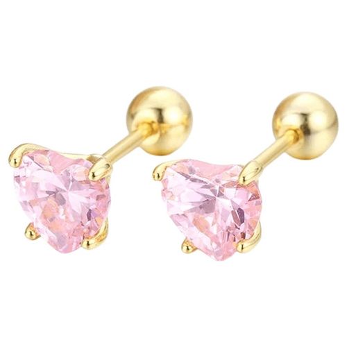 Aretes Broquel Corazón Cristales Oro 14K Laminado Bolita Niña Rosa