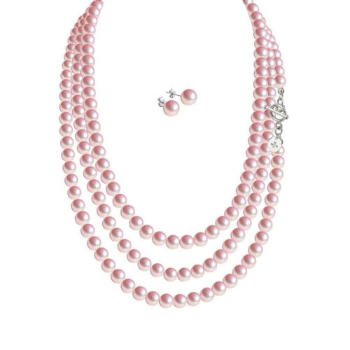 Set Collar Perlas Triple Aretes Zvezda Plata 0.925 Mujer rosa claro