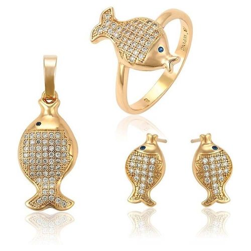 Collar, Aretes Y Anillo Pez Aguamarina Oro 14k Laminado