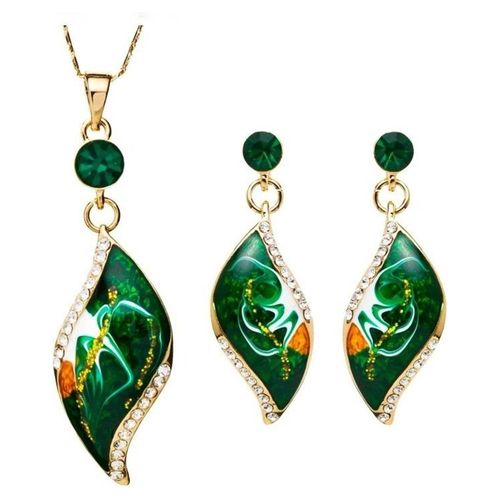 Collar Y Aretes Hoja Cristal Oro 18k Laminado  Verde