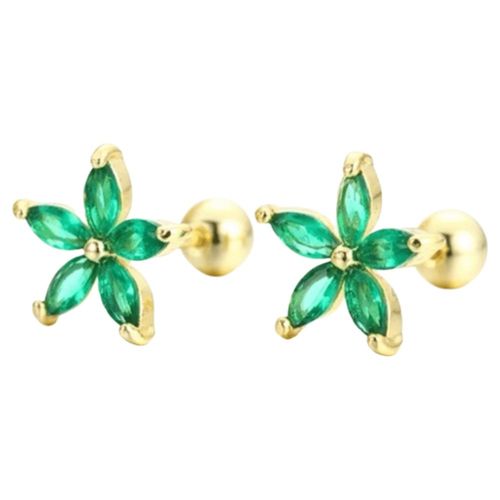 Broqueles Flor Margarita Cristal Oro 14k Laminado Bolita Verde