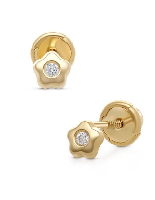 Broqueles Flor En Oro Amarillo 14K Con Diamantes PRB-132-A