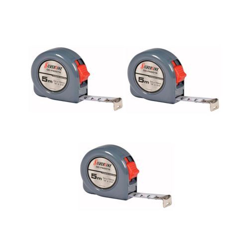 Kit de 3  Flexometros Silverline 5m x 19mm Clip y Gancho Cromado Color Azul