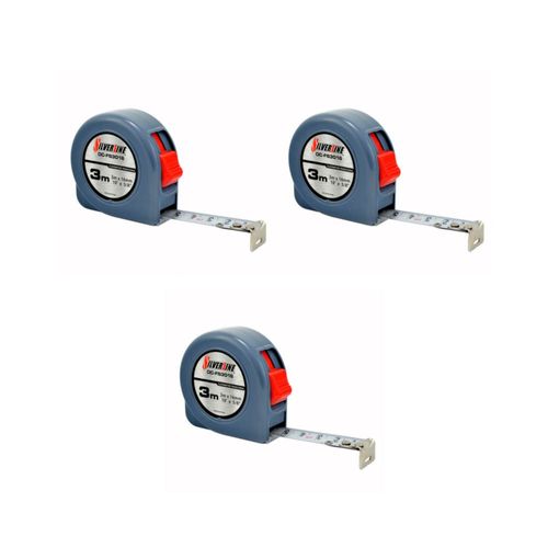 Kit de 3  Flexometros Silverline 3m x 16mm Clip y Gancho Cromado Color Azul