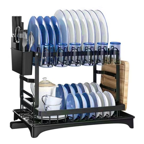 Escurridor De Trastes acero inoxidable 2 pisos, Drenaje Automático, Escurridor de platos de Fácil Armado soporte para vasos cubiertos y tabla de picar