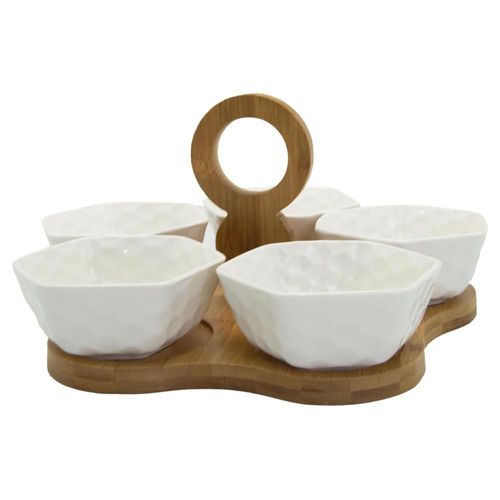 Set de 5 botaneros blancos con base de bambú