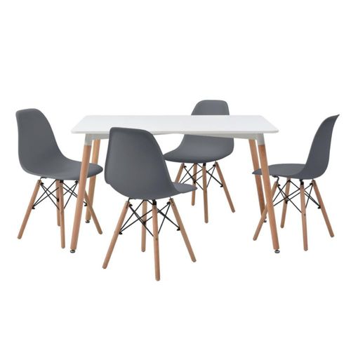 Comedor Completo con Mesa Blanca y 4 Sillas Grises con Patas de Madera y Soporte Metálico