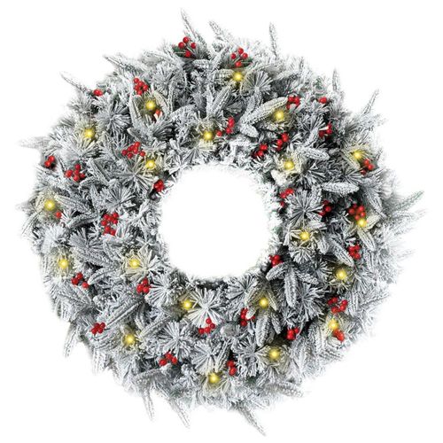 Corona de Navidad nevada de 80cm Huge big size Iluminada con berries y 3 tipos de rama premium Claret Guirnalda Luces LED Cálida Decorada Cerezas