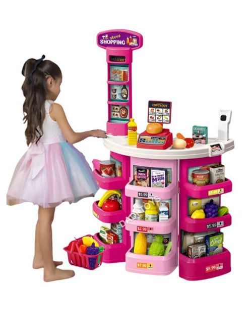 Juguete de Supermercado para Niños, 44 Piezas, Centro Comercial con Caja Registradora, 76 x 45 x 20 cm, Rosa