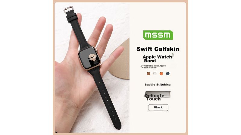 Correa de cuero genuino MSSM para Apple Watch, 44/45 mm, negro, mujer