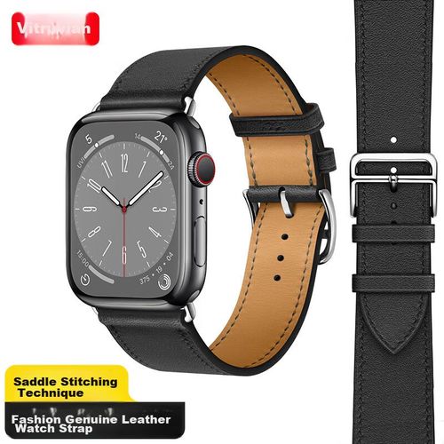 Correa de cuero WEIQIANTU para Apple Watch Series 9/8/7/6/SE/Ultra 2, 44/45/49mm, negro, hombre