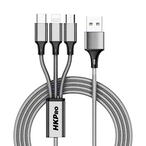 Cable 3 en 1 HKPro Lightning, Micro y Tipo C Plata