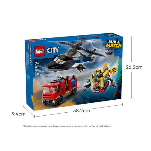 Juego LEGO CITY 60462 de helicóptero camión de bomberos y submarino para niños