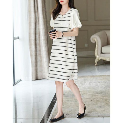 Vestido Patchwork DME a Rayas Manga Abullonada Beige para mujer