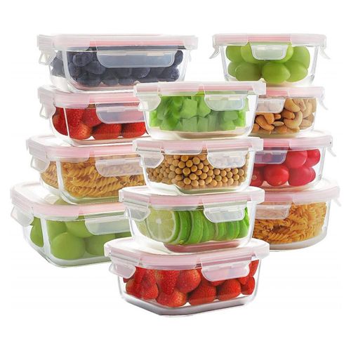 Juego de 12 recipientes de vidrio Brandtrendy para almacenar alimentos con tapa de liga rosa