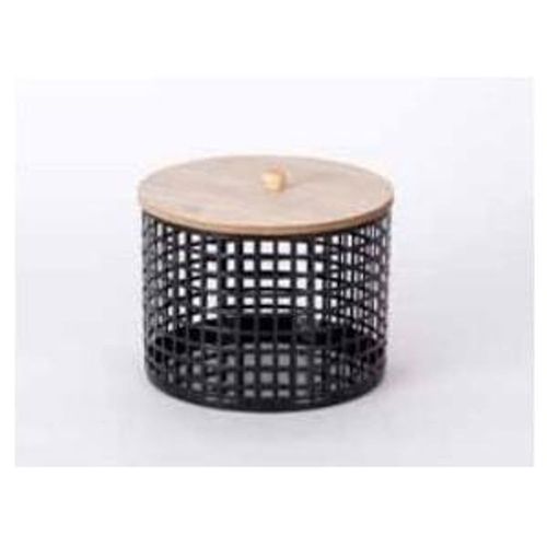 Contenedor Negro De Metal Con Tapa Madera