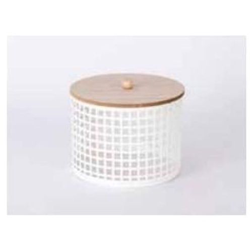 Contenedor Blanco De Metal Con Tapa Madera
