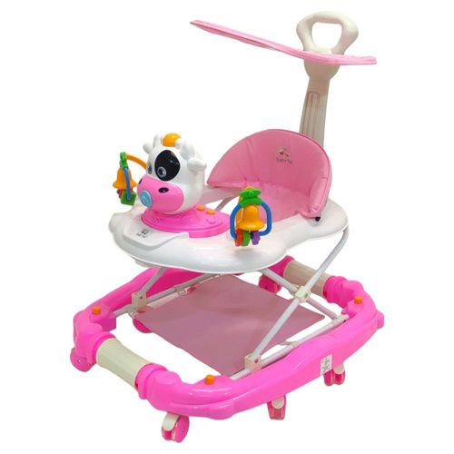 Andadera Mecedora Musical con Llantas de Gel,Baston,Toldo Vaca Rosa