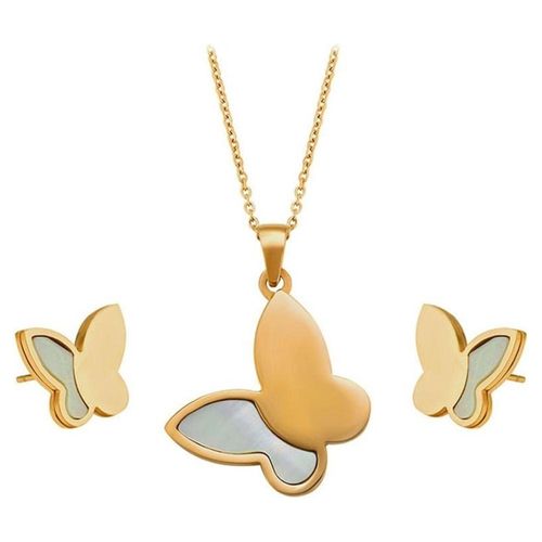 Collar Y Aretes Mariposa Perla Nat Oro 14k Laminado