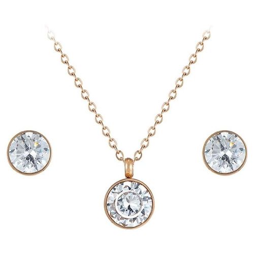 Collar Y Aretes Solitario Cristal Oro Rosa 14k Laminado