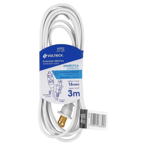 Extensión eléctrica doméstica 3 m blanca con clavija recta