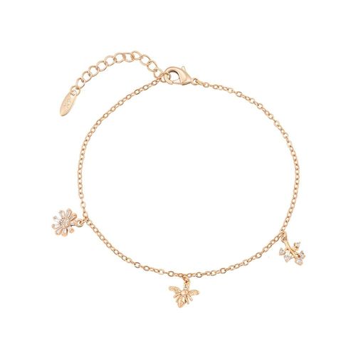 Pulsera Dama Dijes Abeja Flor Hoja Cristales Oro 18K Laminado Dorado