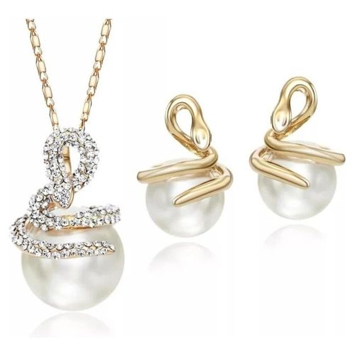 Collar Y Aretes Víbora Perla Y Cristal Oro 24k Laminado Dorado