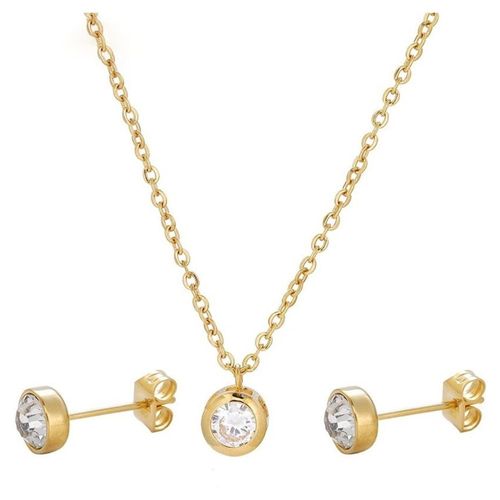 Collar Y Aretes Cristal De Acero Inox Y Oro 24k Laminado