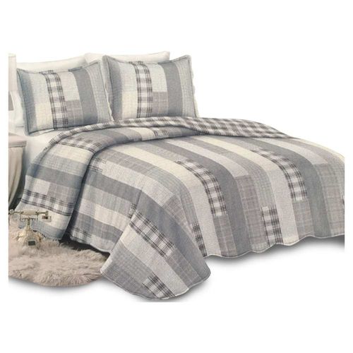 Colcha Cuadros Gris Doble Vista Queen Size