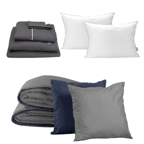 Set Edredón Matrimonial Couzy Azul/Gris +Sábanas +2Almohadas Royal CZD