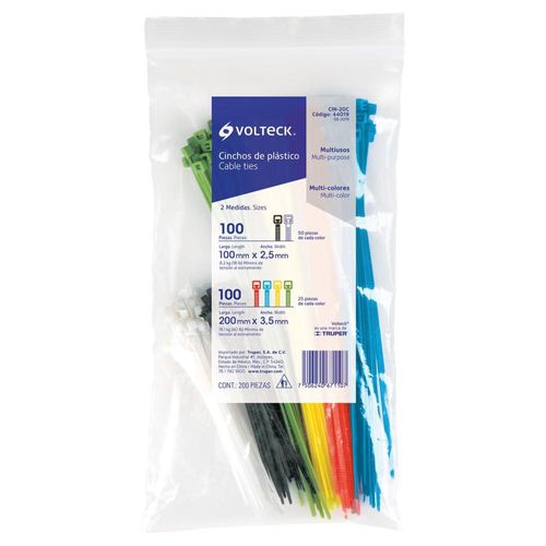 Cincho plástico, colores, bolsa con 200 piezas Volteck