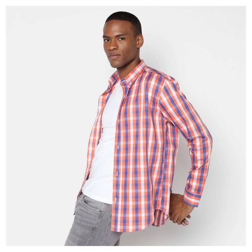 Camisa manga larga  rayas azul con anaranjado