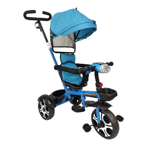 Triciclo Evolutivo para Niños Asiento Giratorio 360 Luz Capota Azul