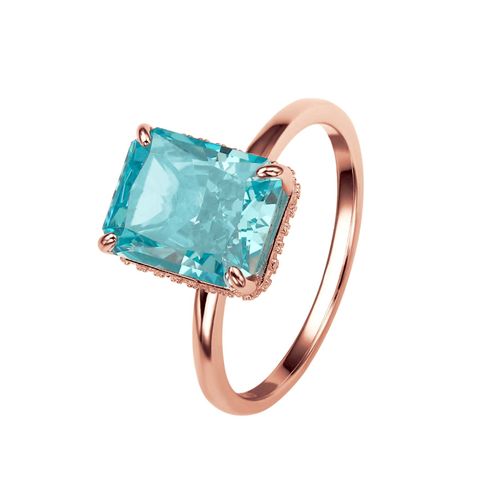 Anillo Amalia azul de plata .925 bañado en oro rosa de 18K talla 7.