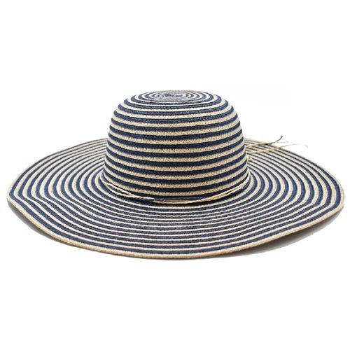 Sombrero Pamela azul con líneas beige y cinta decorativa